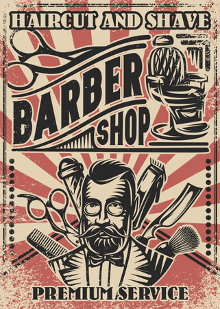 Barber shop vintage poster with bearded man and tools, vector illustrationのイラスト素材