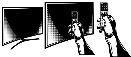 Set of three abstract poster templates with monitor, hand and control panel. Monochrome vector illustration.のイラスト素材