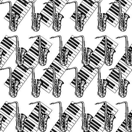 Seamless background with monochrome saxophone and piano keyboard. Vector template for design.のイラスト素材