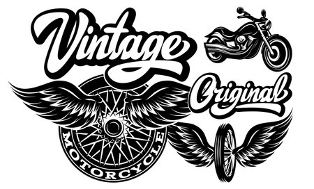 Set of vector monochrome design elements on the theme of custom motorcycle tuning.のイラスト素材