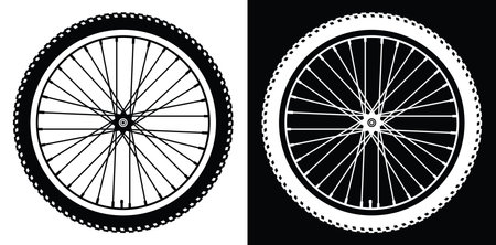 Bicycle wheel on white and black background. Set of vector monochrome elements for design.のイラスト素材