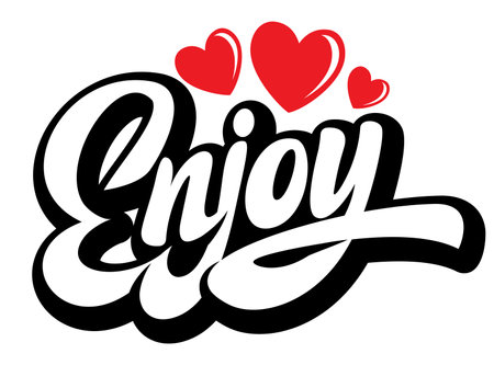 Calligraphic stylish inscription Enjoy with hearts. Vector monochrome image.のイラスト素材