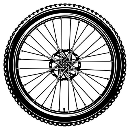 Front bicycle wheel with disc brake. Vector monochrome image.のイラスト素材