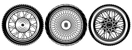 Set of three different style motorcycle wheels. Classic and styling disc. Urban and sporty look. Vector monochrome illustration.のイラスト素材