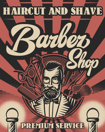 Retro poster with a gentleman for advertising a barbershop. Vector illustration.のイラスト素材
