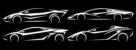 Set of white stylized sports cars on a black background. Vector templates for design.のイラスト素材