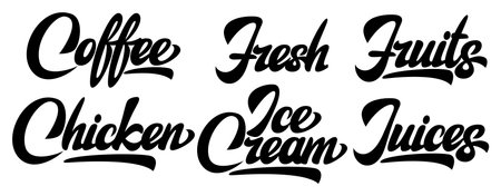 Set of various inscriptions of fast food products for the menu. Vector monochrome template.のイラスト素材