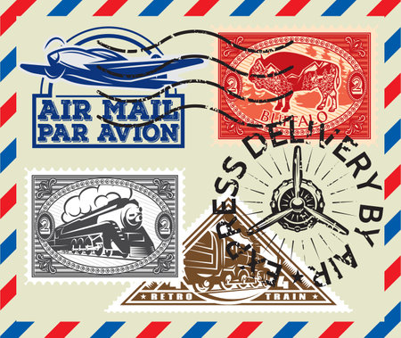 Set of different vector postage stamp templates on envelope background.のイラスト素材