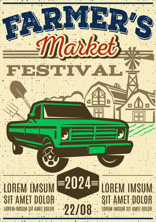 Poster template in retro style for Farmer Market Festival. Elements for design.のイラスト素材