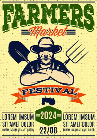 Promotional poster for Farmer Market Festival with farmer, shovel and pitchfork.のイラスト素材