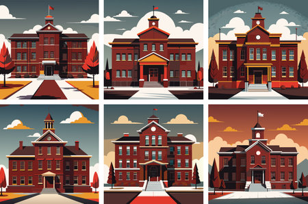 Set of color illustrations on the autumn theme with a school building.のイラスト素材