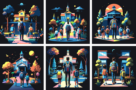 Set of illustrations on the school theme with a student and a backpack.のイラスト素材