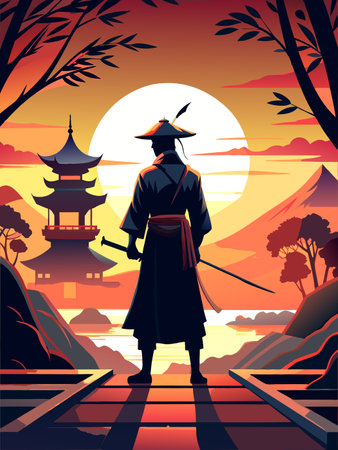 Samurai standing against the sunset in Japan.のイラスト素材