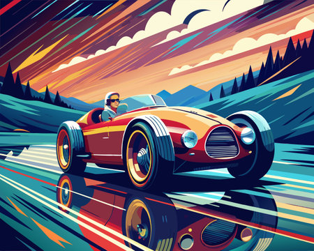 Vintage Race Car Zooming Down Track with Motion Blur and Sky.のイラスト素材