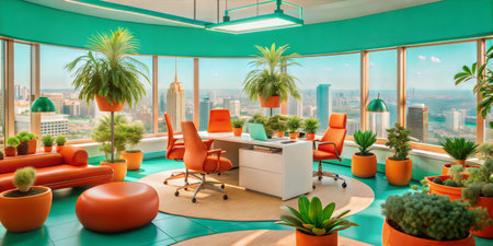 Vibrant office interior with city view and abundant greenery.の素材