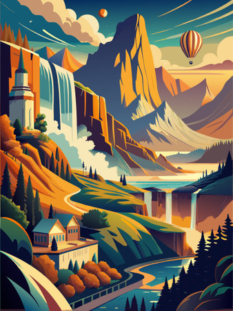 Mountainous Landscape with Waterfalls, Lighthouse, and Hot Air Balloon.のイラスト素材
