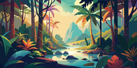 Tropical Jungle Landscape with Lush Vegetation and Serene River.のイラスト素材