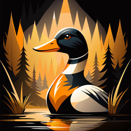 Stylized Duck Swimming in a Serene Pond at Sunset with Reflections.のイラスト素材