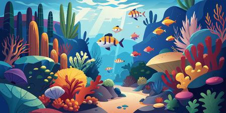Colorful Underwater Scene with Coral Reefs and Tropical Fish.のイラスト素材