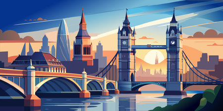 Iconic London Skyline with Tower Bridge at Sunset Scene.のイラスト素材