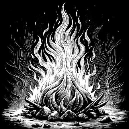 Black and White Illustration of a Large Campfire Burning Brightly in the Night.のイラスト素材