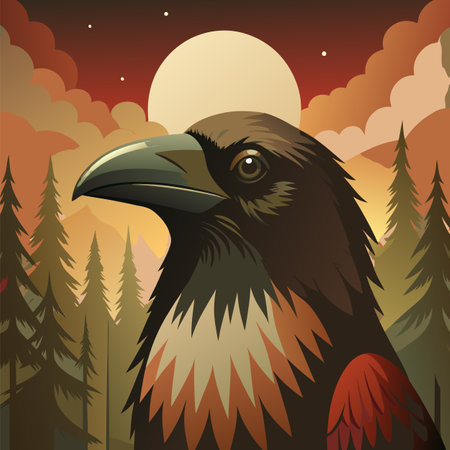 Majestic Raven Portrait in Autumn Forest with Full Moon.のイラスト素材