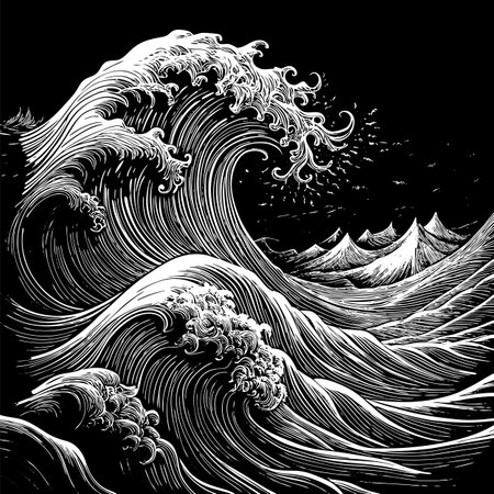 Black and White Illustration of Powerful Ocean Waves Crashing Against Each Other.のイラスト素材