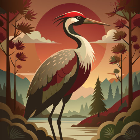 Red-Crowned Crane Standing Gracefully in a Serene Sunset Landscape.のイラスト素材