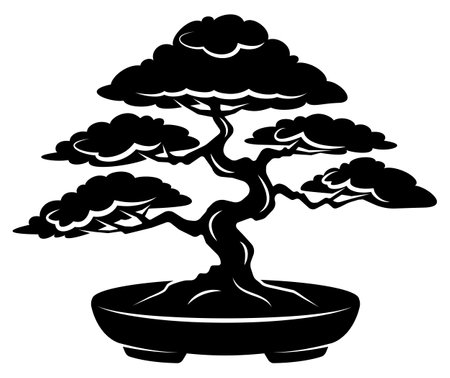 Silhouette of a bonsai tree in a pot with intricate branches and foliage.のイラスト素材