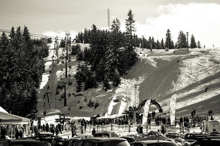 Predeal/Romania/ january 28, 2019: Black and white photography of snow and ski landscape filled with people in Romania in Romaniaのeditorial素材