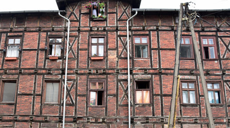 old brick building with scaffolding in the city of Gdansk, Polandの写真素材