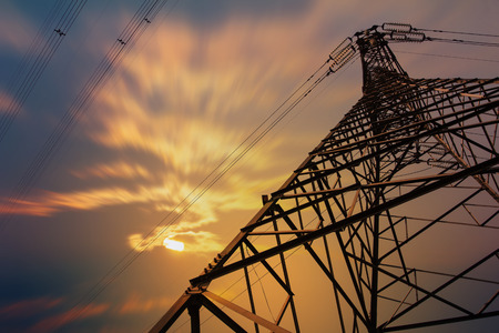 High voltage tower at sunsetの写真素材