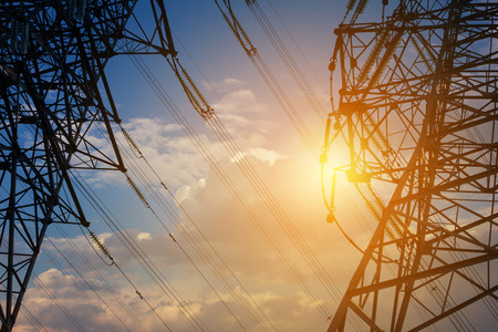 High voltage tower at sunsetの写真素材