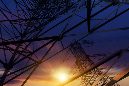 High voltage tower at sunsetの写真素材
