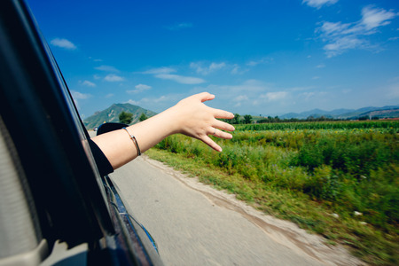 Hand out the window when driving in grasslandの写真素材