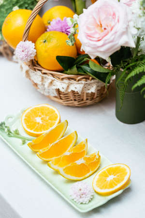 Ripe Navel orange and flowerの写真素材
