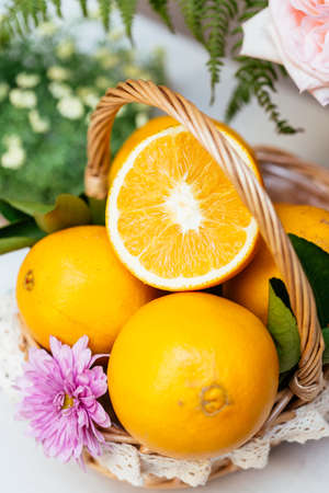 Ripe Navel orange and flowerの写真素材