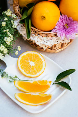 Ripe Navel orange and flowerの写真素材