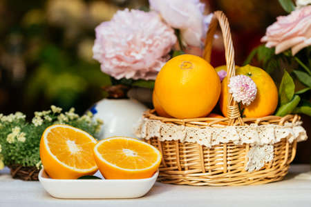 Ripe Navel orange and flowerの写真素材