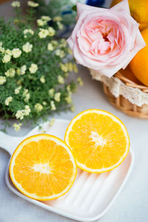 Ripe Navel orange and flowerの写真素材