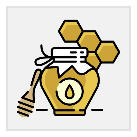 Honey bottle category icon, vector line flat illustration for shop and symbol of manufacturing of honey. Traditional Russian sweets and Candy.のイラスト素材