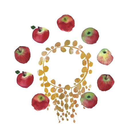 Traditional Russian fruits are apples. Watercolor rustic wedding image of red apple. Natural watercolor splash painting texture. Wedding card, greeting cards, creation of hipster label.の写真素材