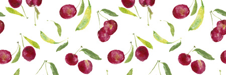 Seamless cherry pattern, ripe wine-colored watercolor cherries, cherry pattern with natural watercolor illustration and art for craft label design, bright vegetarian banners, juices bar.の写真素材
