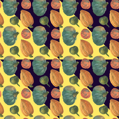 The orange and greenery pumpkins seamless watercolor pattern background with the natural paper texture for the creative design of the eco shop and bio store, organic food.の写真素材
