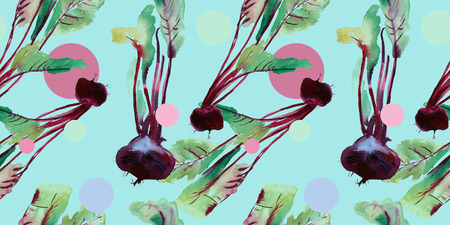 Beet pattern with watercolor textures with leaves, seamless banner background with ripe beetroot, fresh beet root illustrated pattern.の写真素材