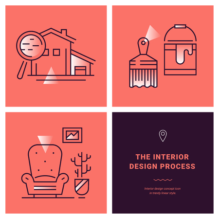 Ui kit banners of interior design process. Concept interior design in line icon style. Building process illustration. Trendy vector thin graphics. Mobile app template on coral background. Ui elements.のイラスト素材
