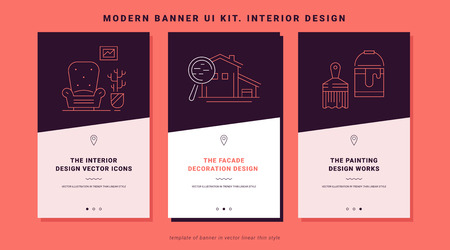 Ui kit banners of interior design process. Concept interior design in line icon style. Building process illustration. Trendy vector thin graphics. Mobile app template on coral background. Ui elements.のイラスト素材