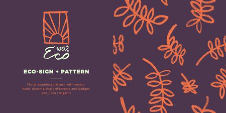 Healthy eating symbols. Vegetal pattern for banner design with hand-drawn green icons. Herbs emblems. Vector floral silhouettes for Eat healthy concept and organic farming, healthy food label.のイラスト素材