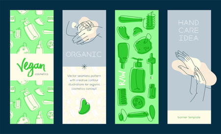 Hygiene and body care banner set. Hand sanitizer, soap, shampoo, gel, shower gel, antiperspirant. Vertical banners set with different cosmetic products. organic cosmetics idea.のイラスト素材