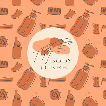 Vector seamless pattern with icons of body care products. hand care. Vector silhouette of hands for cosmetics label, hand cream packaging.のイラスト素材